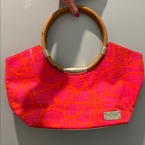 Lilly Pulitzer Pink and Orange Tote with Woven Fabric and Circular Wooden Handle